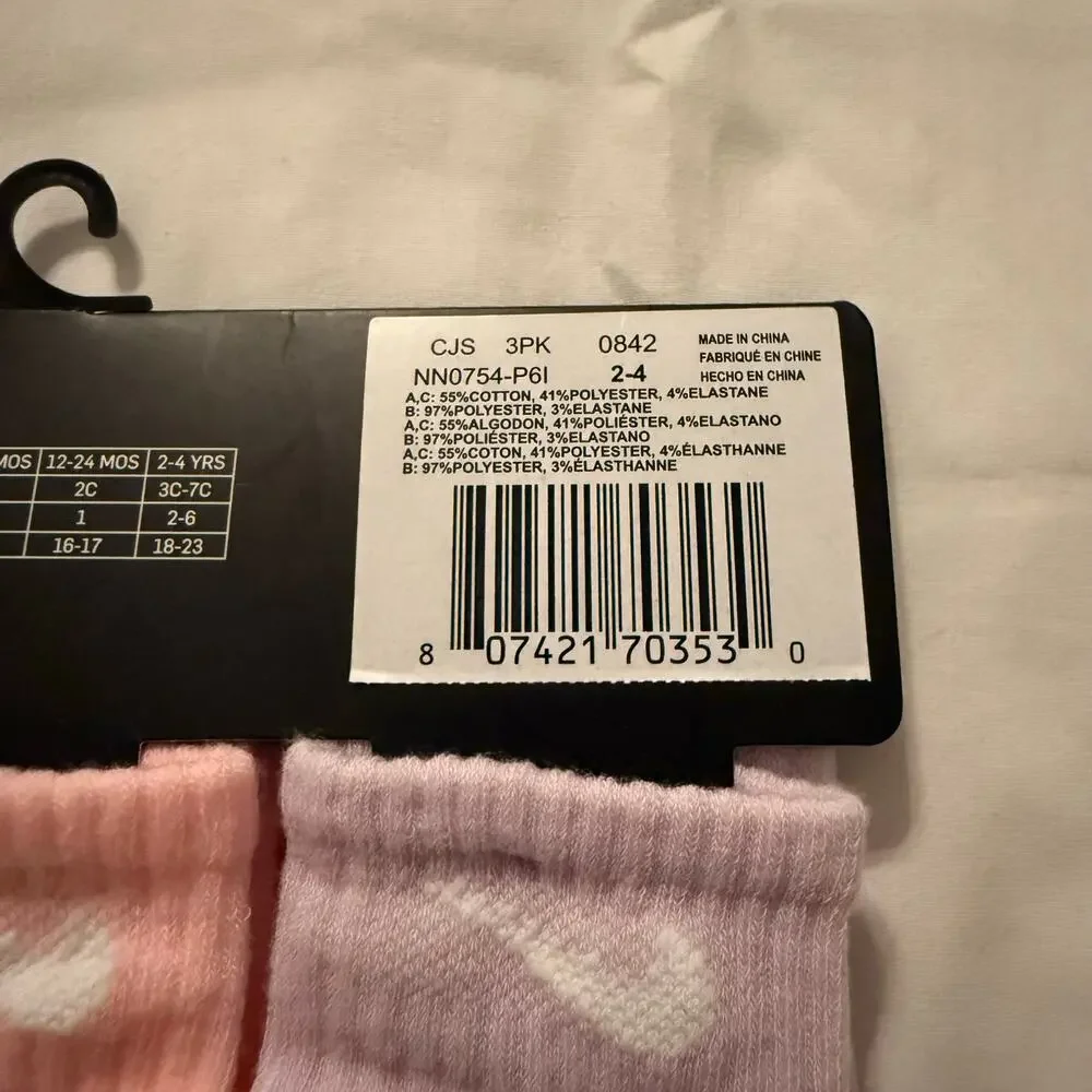Nike Toddler 3 Pk Purple Pink Green Ankle No Slip Embroidery Logo Socks Size 2-4 - Picture 6 of 7